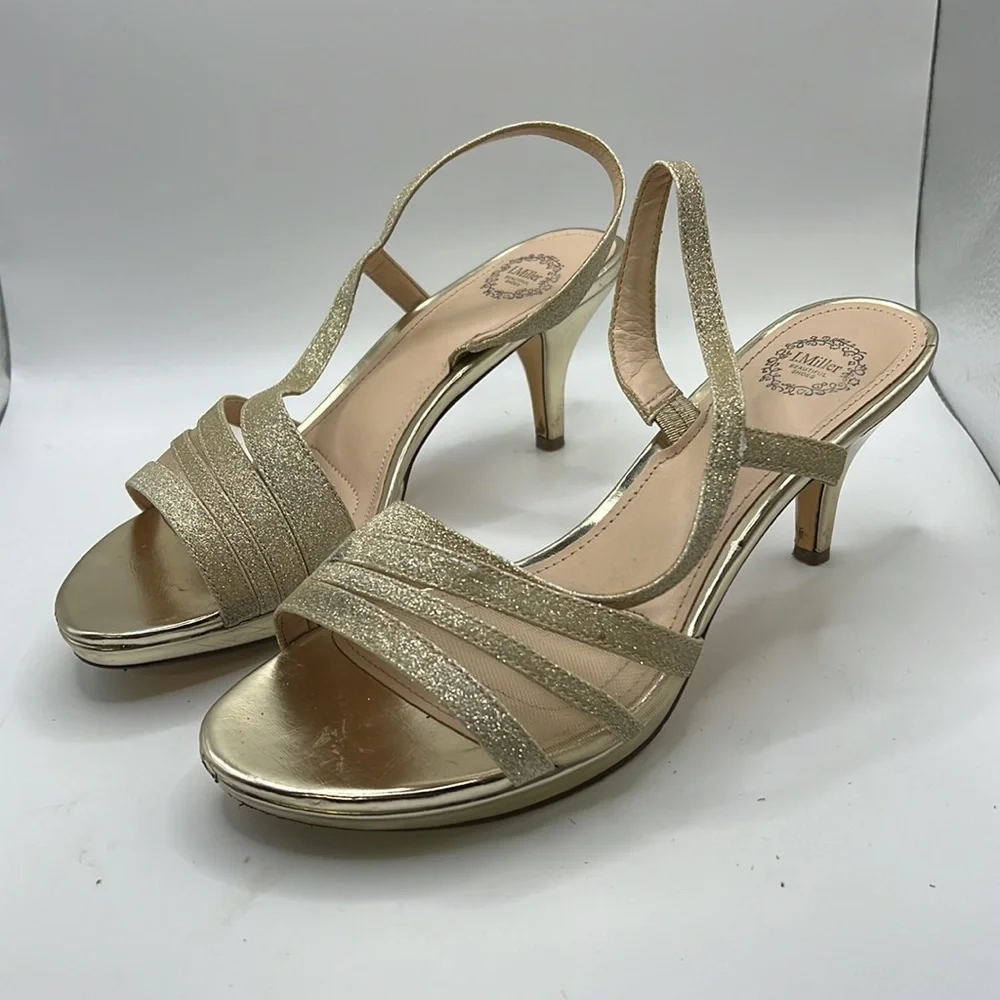 I Miller Beautiful Shoes Heels Strappy Sandals Gold Glitter Shimmer Womens 8 M